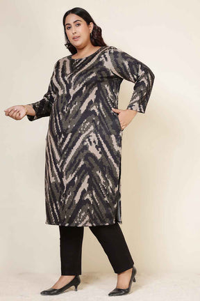 Plus Size Black & Beige Abstract Round Neck SnugWeave™ Winter Kurta