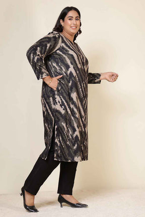Plus Size Black & Beige Abstract Round Neck SnugWeave™ Winter Kurta