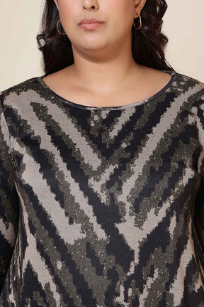 Plus Size Black & Beige Abstract Round Neck SnugWeave™ Winter Kurta
