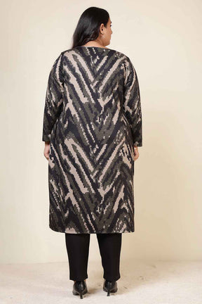 Plus Size Black & Beige Abstract Round Neck SnugWeave™ Winter Kurta