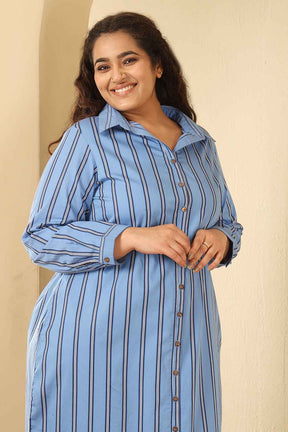 Plus Size Sky Blue Striped Cotton Shirt Dress