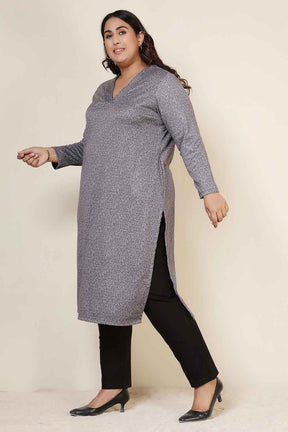Plus Size Grey Melange V Neck SnugWeave™ Winter Kurta