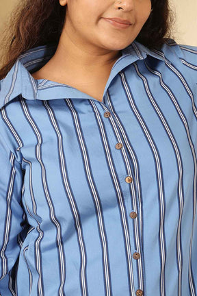 Plus Size Sky Blue Striped Cotton Shirt Dress