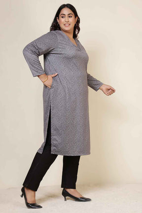 Plus Size Grey Melange V Neck SnugWeave™ Winter Kurta