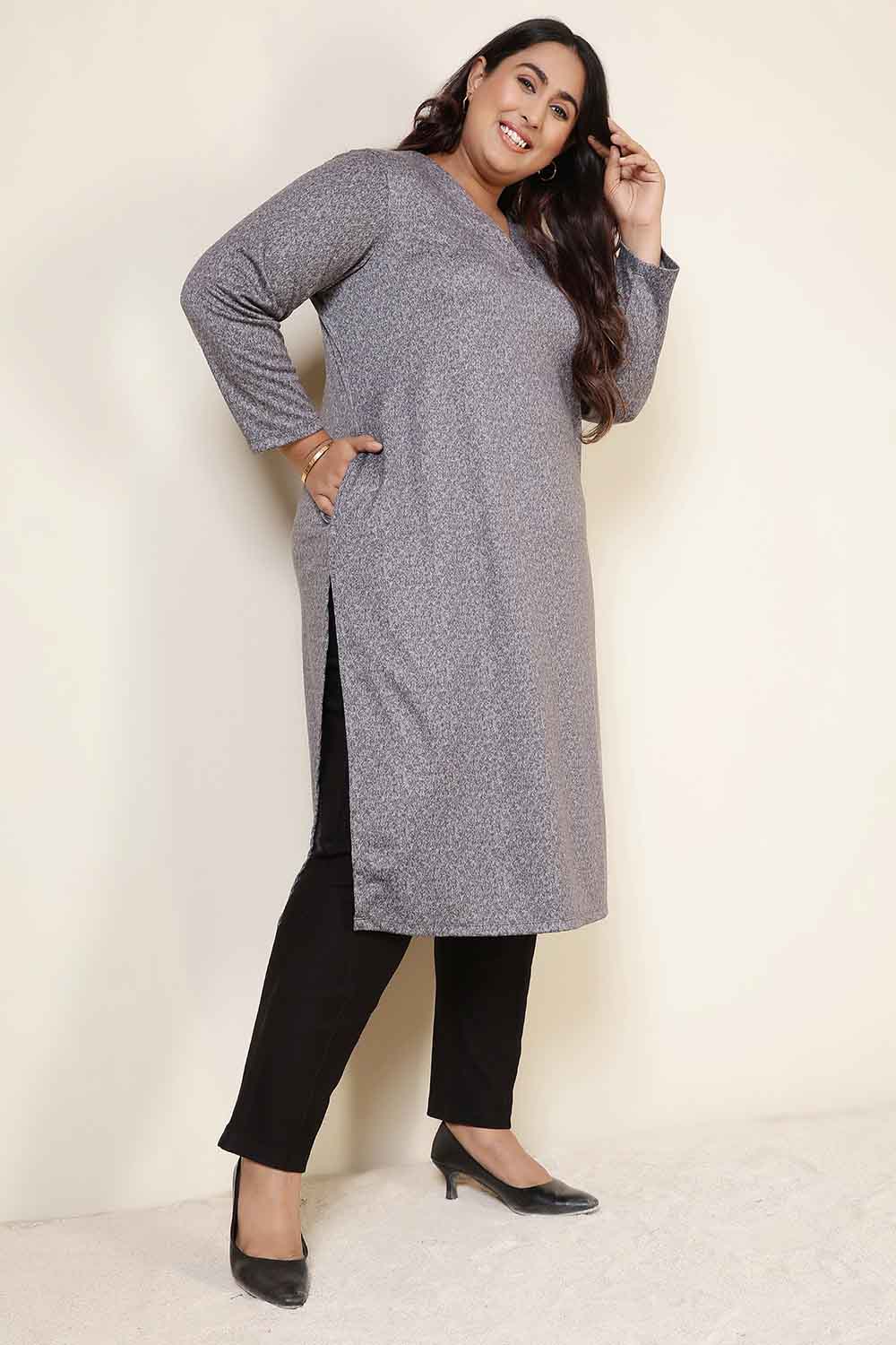 Plus Size Plus Size Grey Melange V Neck SnugWeave™ Winter Kurta