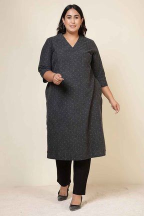 Plus Size Charcoal Grey V Neck SnugWeave™ Winter Kurta