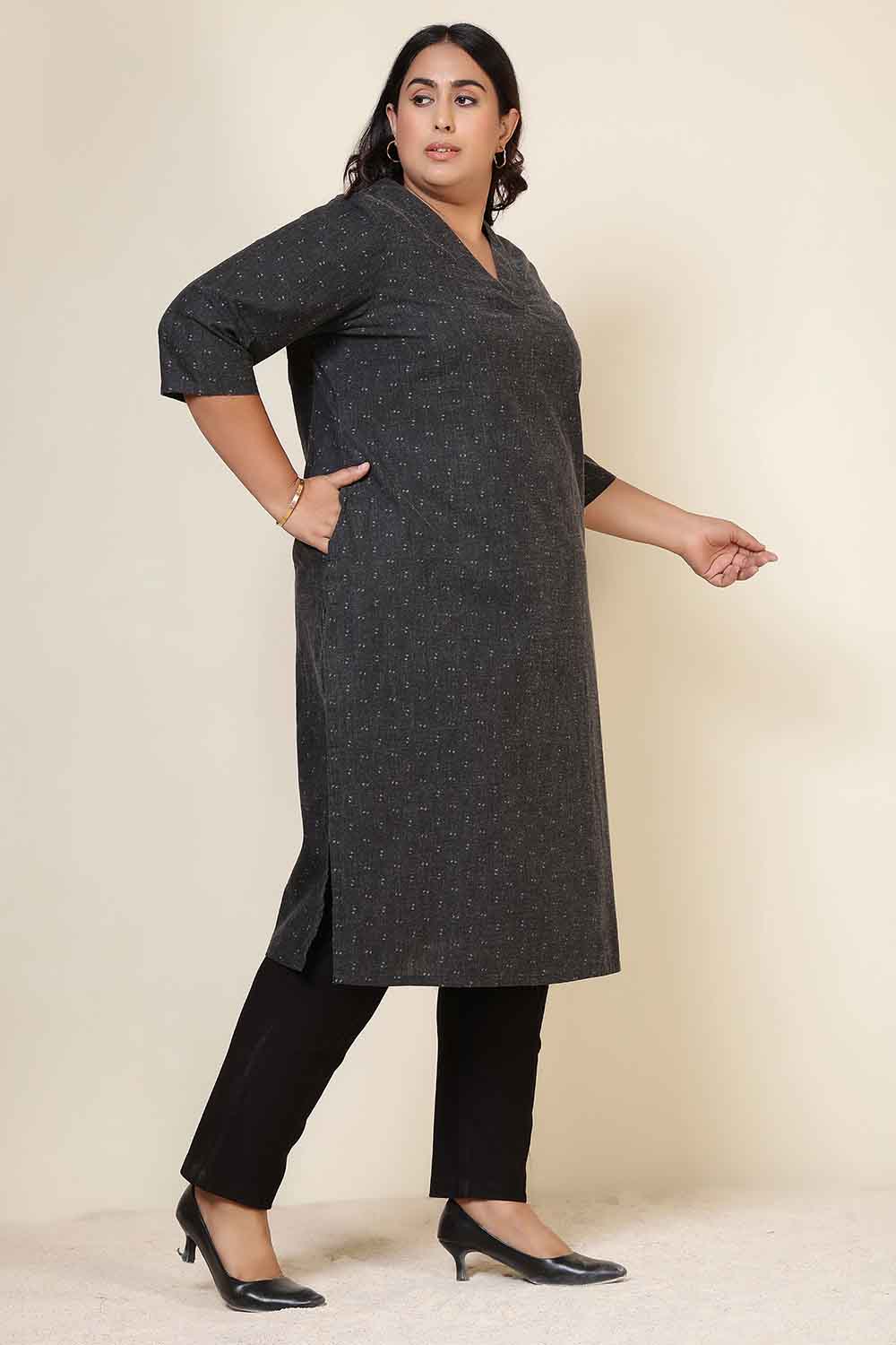 Plus Size Ash Black Denim Cotton V Neck Kurta for Women