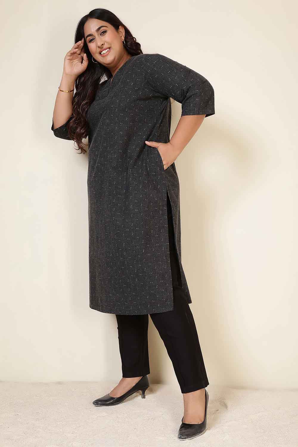 Comfortable Plus Size Ash Black Denim Cotton V Neck Kurta