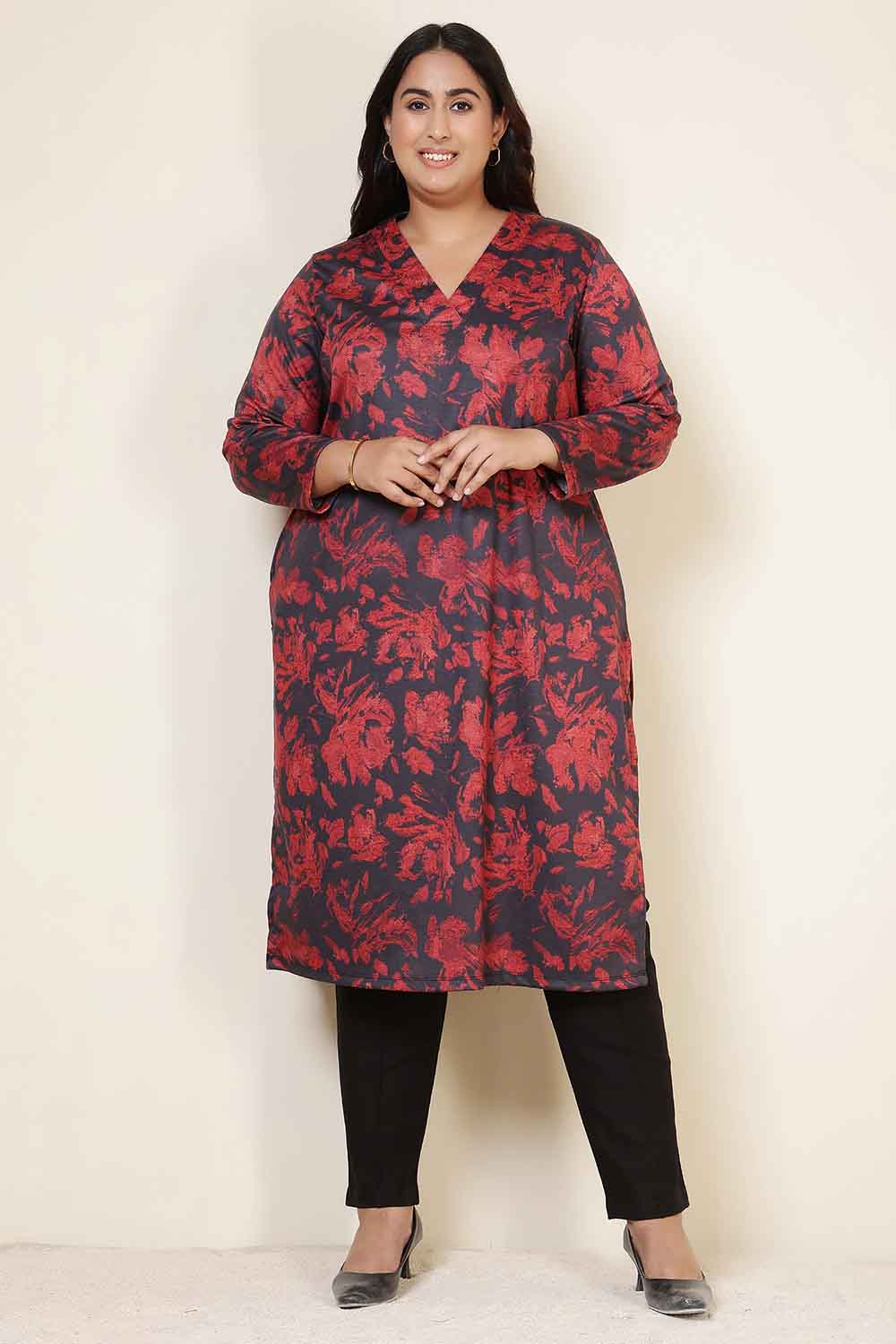 Plus Size Red Floral V Neck SnugWeave™ Kurta for Women