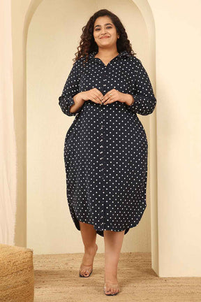 Plus Size Navy Blue Polka Dot Cotton Shirt Dress