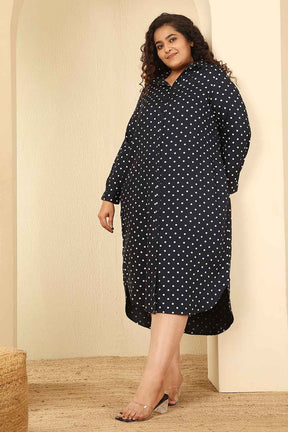 Plus Size Navy Blue Polka Dot Cotton Shirt Dress