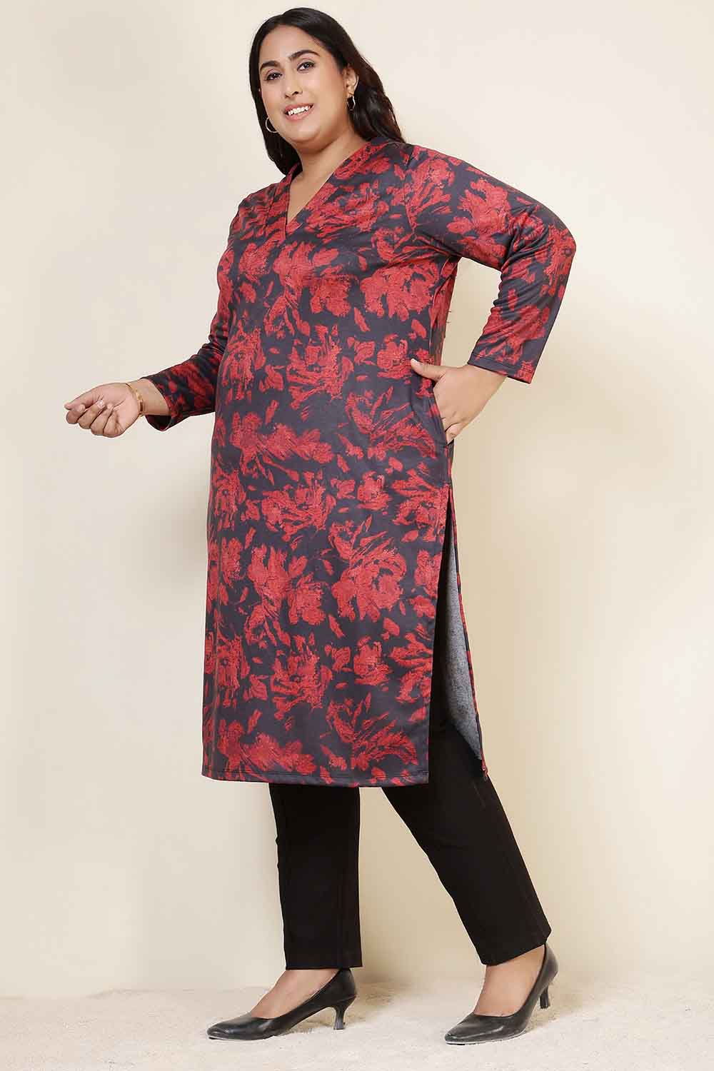 Plus Size Red Floral V Neck SnugWeave™ Kurta
