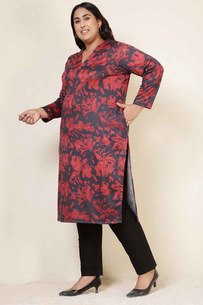 Plus Size Red Floral V Neck SnugWeave™ Kurta