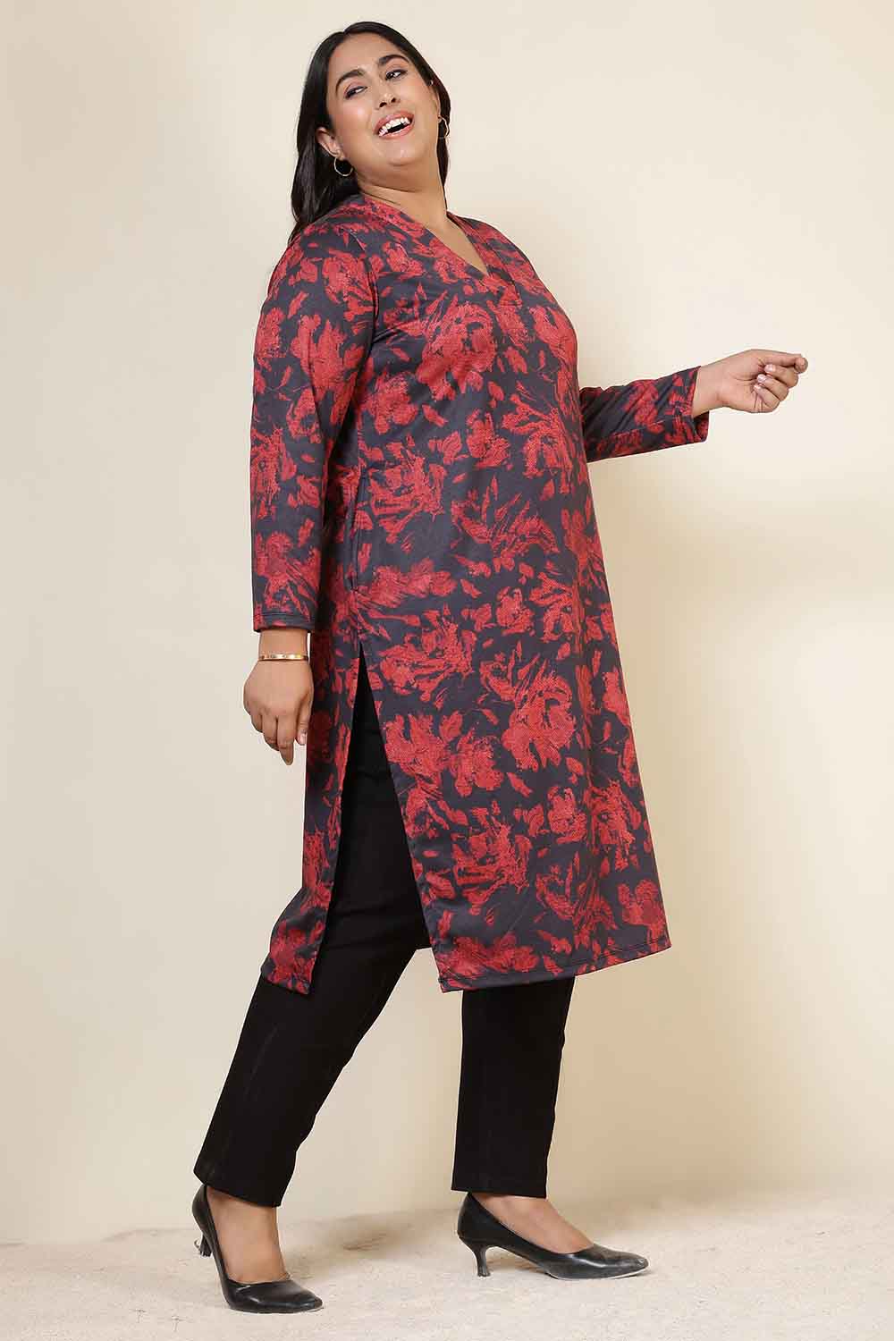Comfortable Plus Size Red Floral V Neck SnugWeave™ Kurta