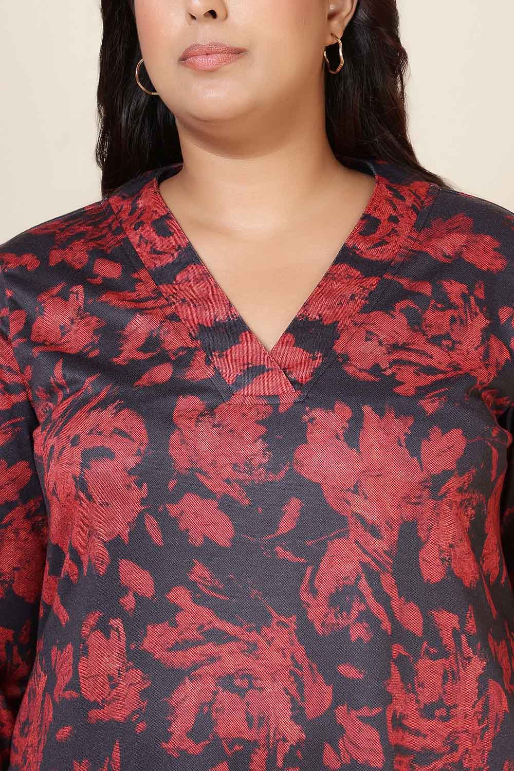 Plus Size Red Floral V Neck SnugWeave™ Kurta