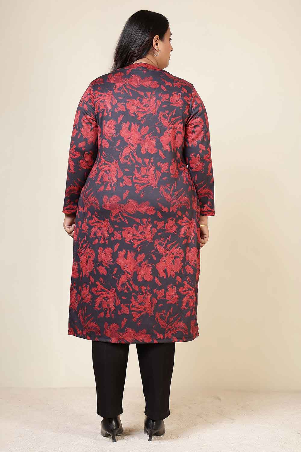Plus Size Red Floral V Neck SnugWeave™ Kurta