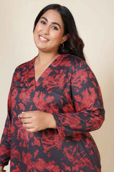 Plus Size Red Floral V Neck SnugWeave™ Kurta