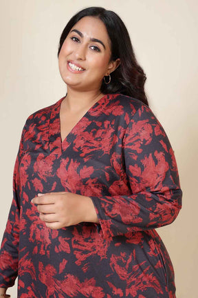 Plus Size Red Floral V Neck SnugWeave™ Kurta