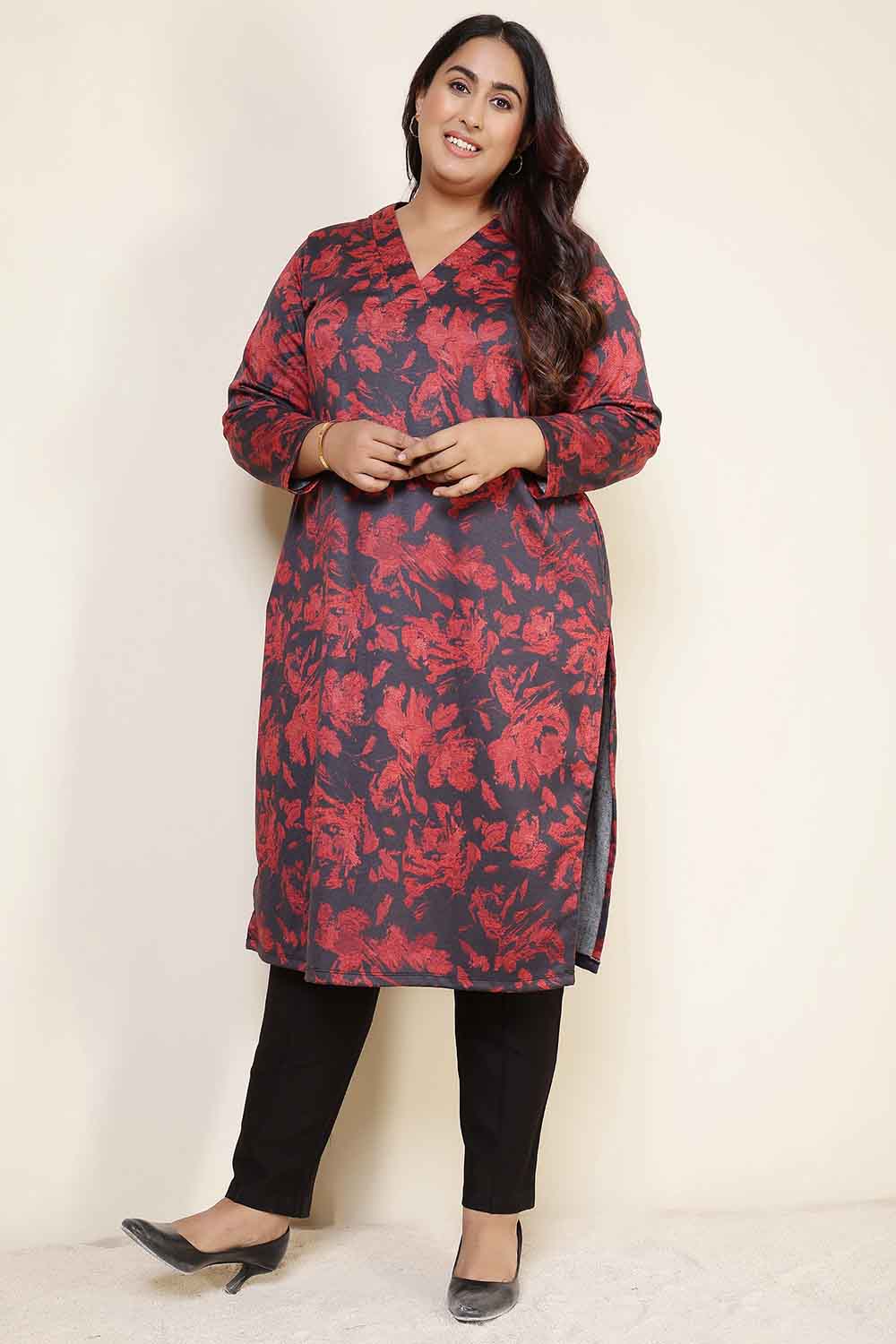 Plus Size Plus Size Red Floral V Neck SnugWeave™ Kurta