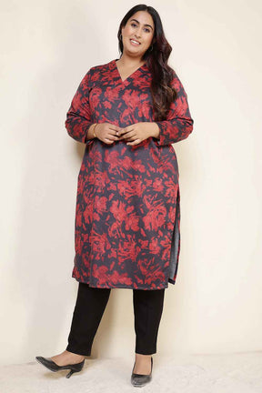 Plus Size Red Floral V Neck SnugWeave™ Kurta