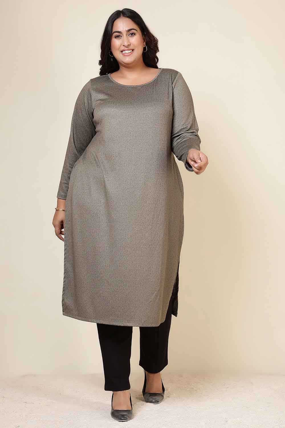 Plus Size Plus Size Olive Green Round Neck SnugWeave™ Winter Kurta