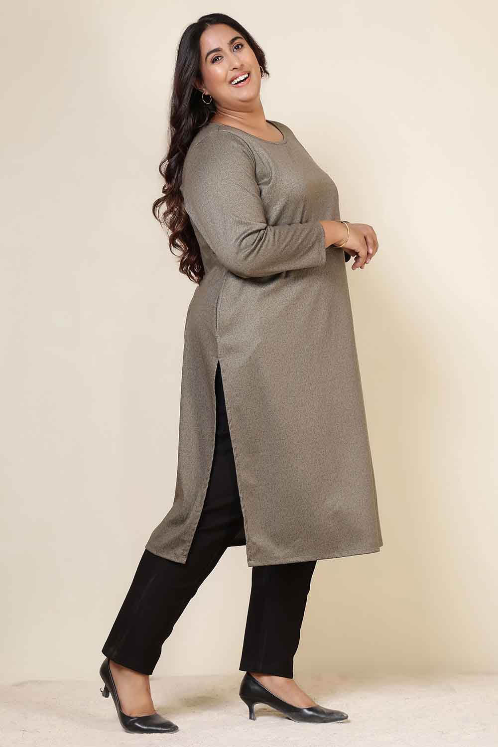 Comfortable Plus Size Olive Green Round Neck SnugWeave™ Winter Kurta