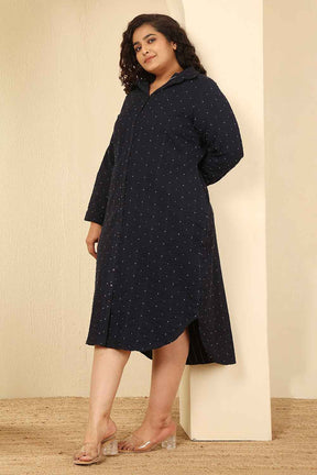 Plus Size Navy Blue Dobby Weave Cotton Shirt Dress