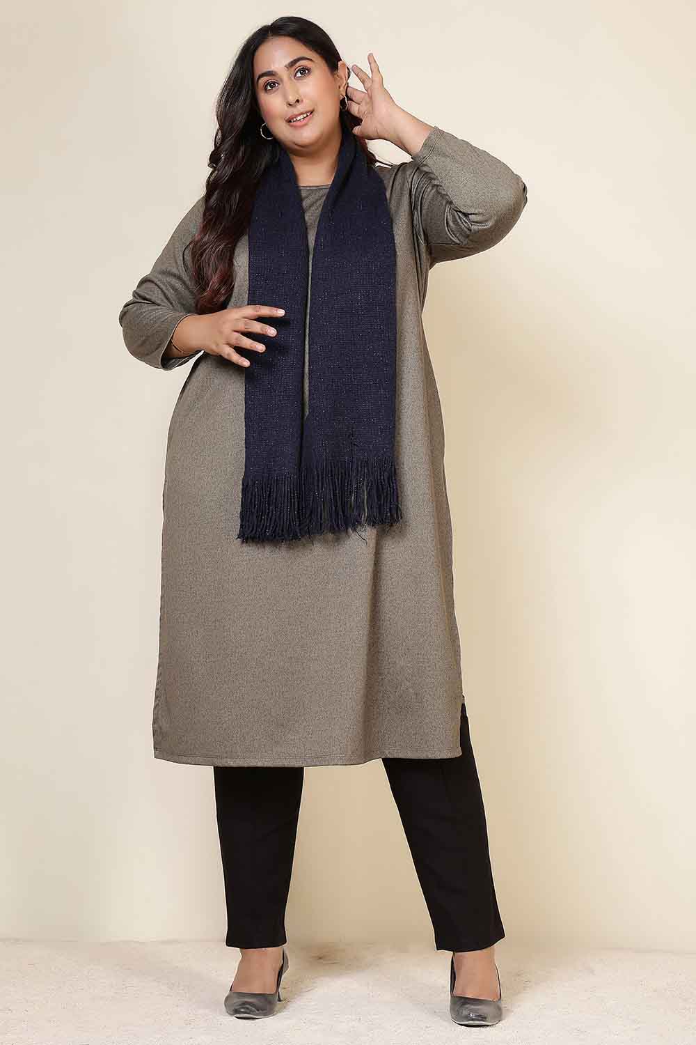 Plus Size Olive Green Round Neck SnugWeave™ Winter Kurta
