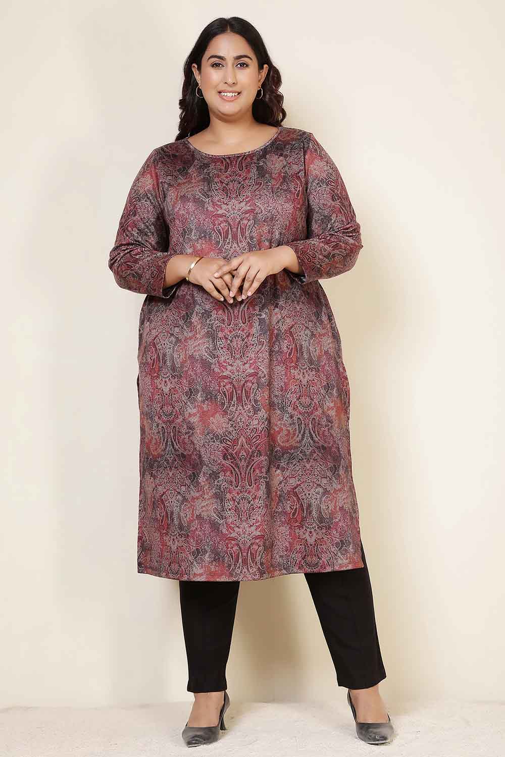 Plus Size Maroon Paisley Round Neck SnugWeave™ Winter Kurta for Women