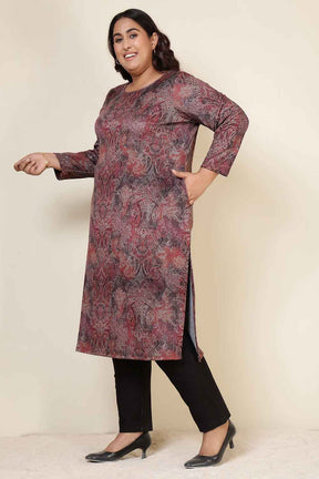 Plus Size Maroon Paisley Round Neck SnugWeave™ Winter Kurta
