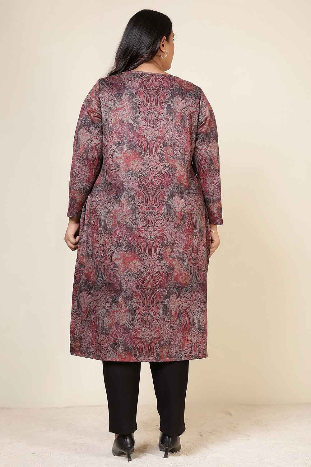 Plus Size Maroon Paisley Round Neck SnugWeave™ Winter Kurta