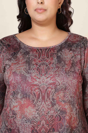 Plus Size Maroon Paisley Round Neck SnugWeave™ Winter Kurta