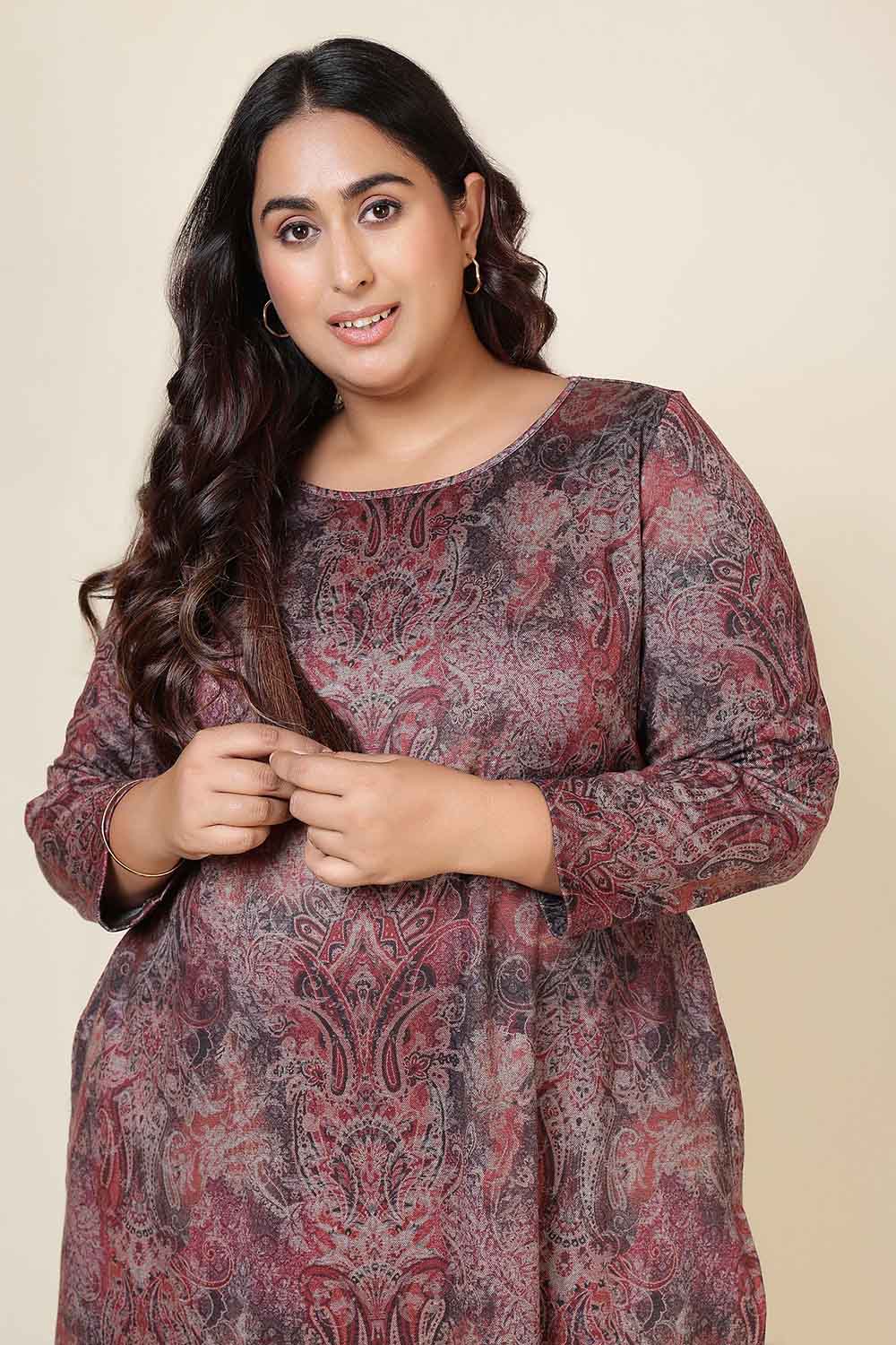 Plus Size Plus Size Maroon Paisley Round Neck SnugWeave™ Winter Kurta