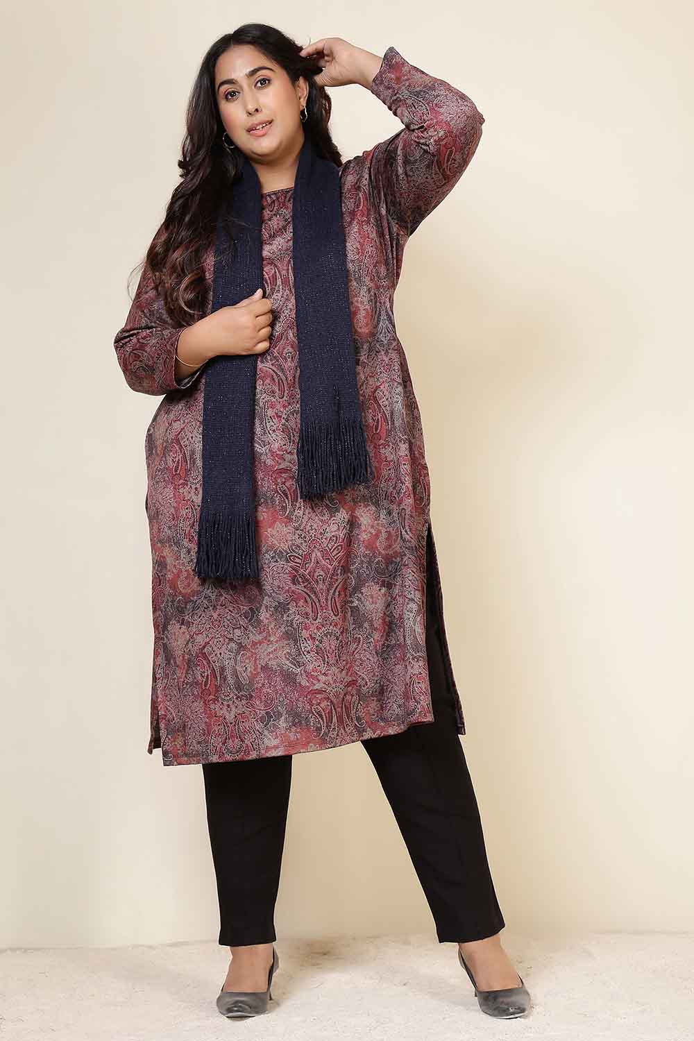 Plus Size Maroon Paisley Round Neck SnugWeave™ Winter Kurta