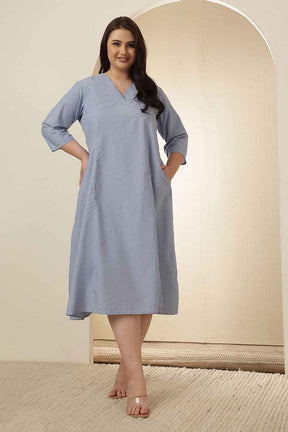 Plus Size Light Blue Cotton Midi  Dress