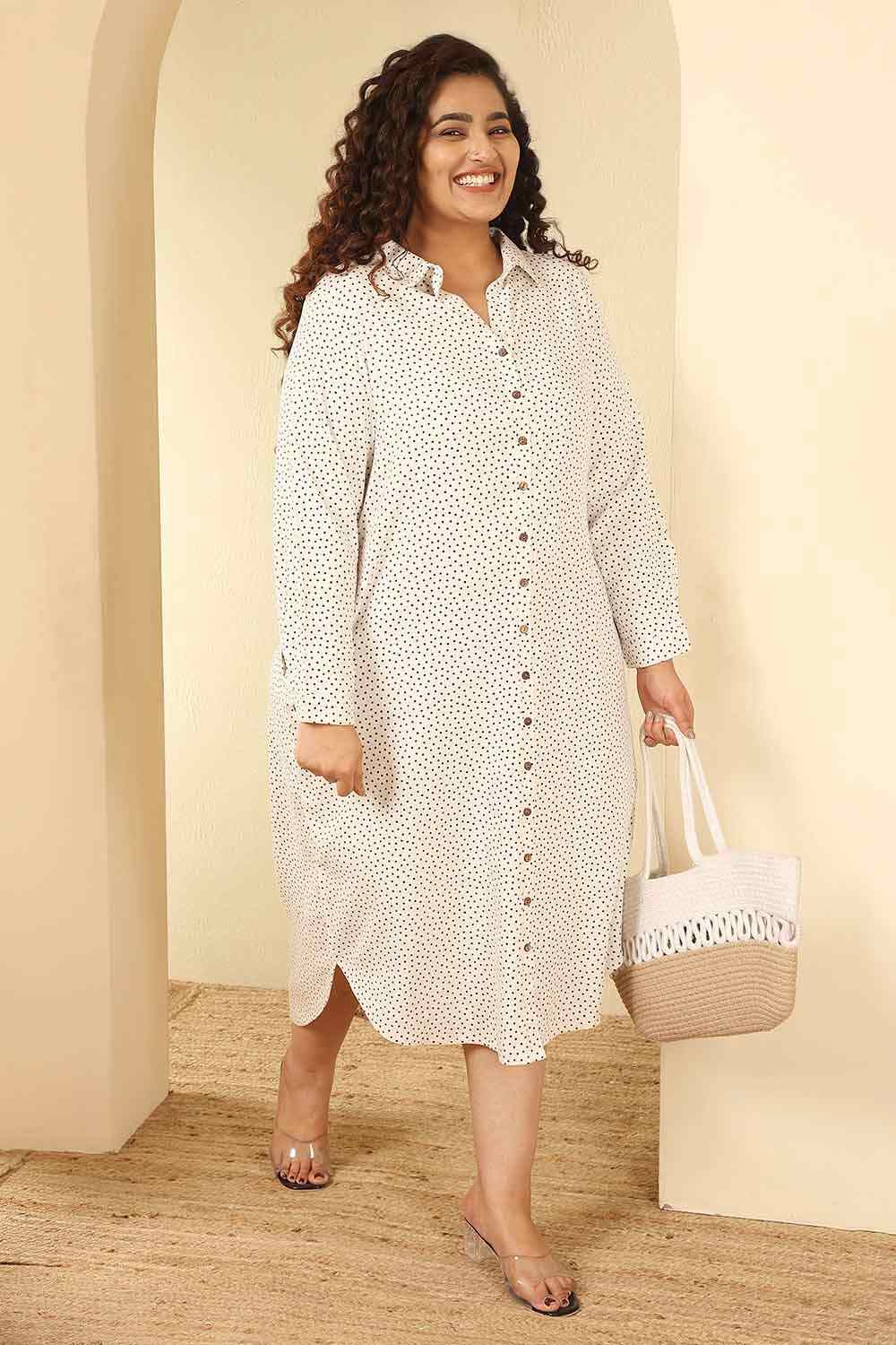 Plus Size Ivory Polka Print Cotton Shirt Dress