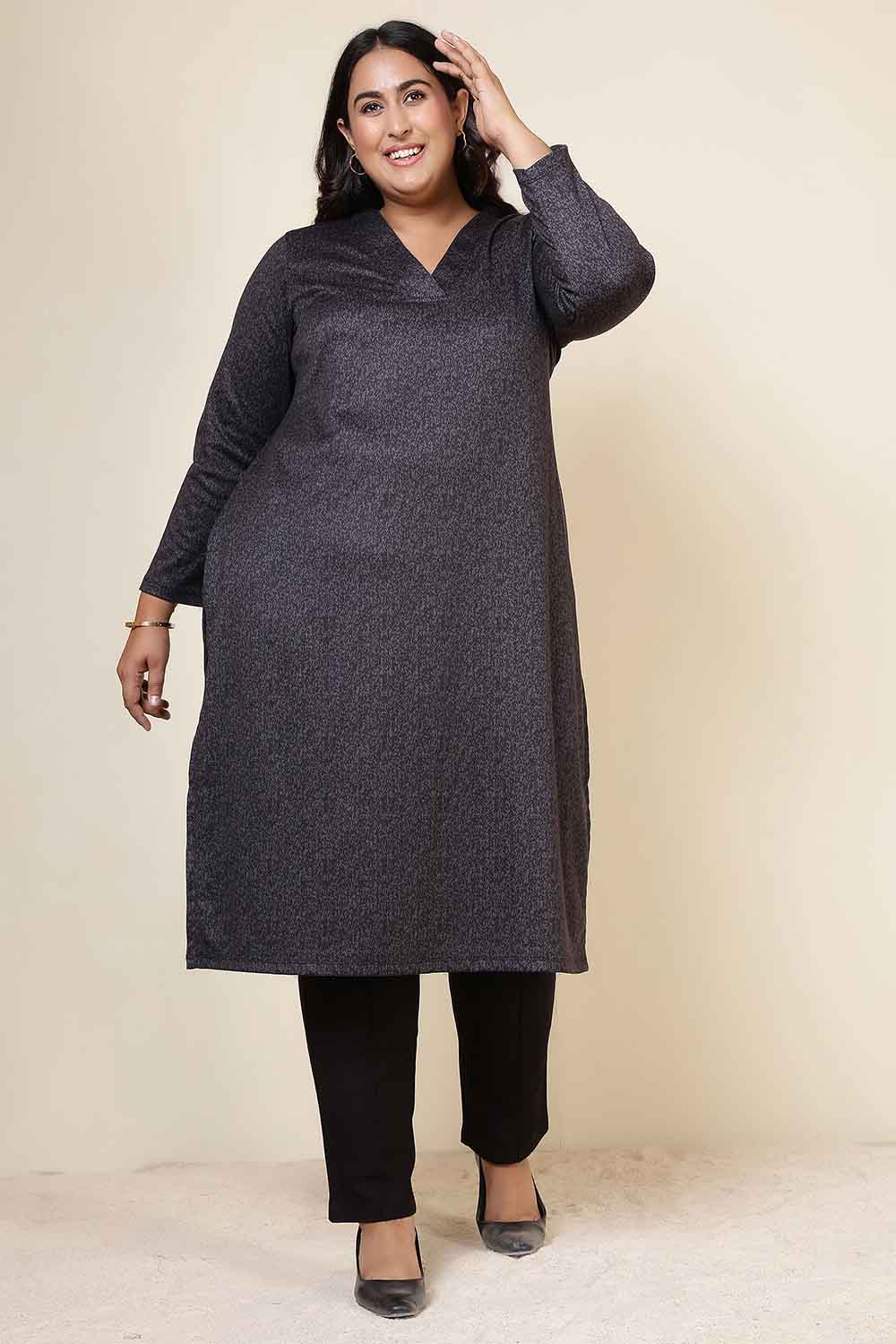 Plus Size Charcoal Grey V Neck SnugWeave™ Winter Kurta for Women