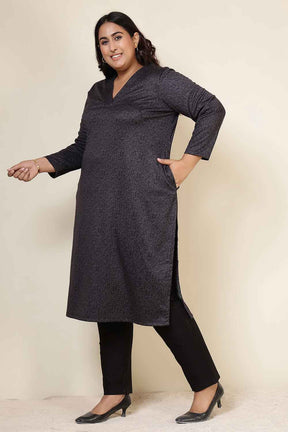 Plus Size Charcoal Grey V Neck SnugWeave™ Winter Kurta