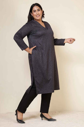 Plus Size Charcoal Grey V Neck SnugWeave™ Winter Kurta