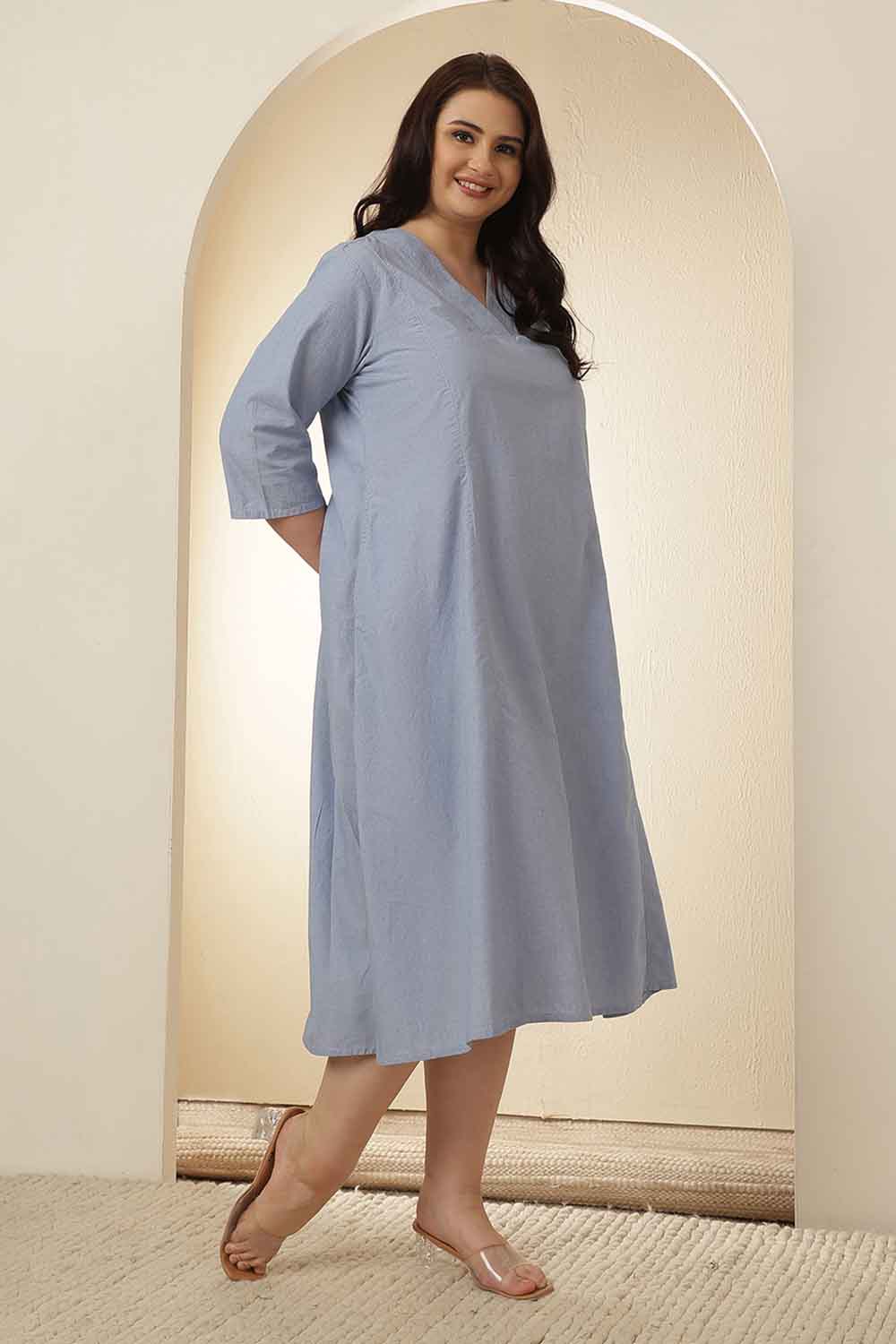 Plus Size Light Blue Cotton Midi  Dress for Women