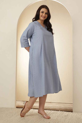 Plus Size Light Blue Cotton Midi  Dress