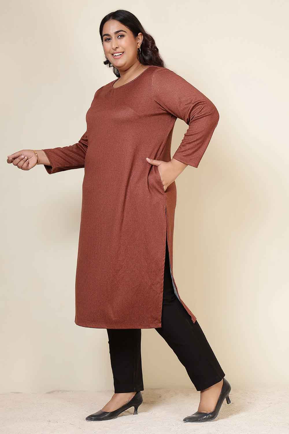 Plus Size Rust Round Neck SnugWeave™ Winter Kurta for Women