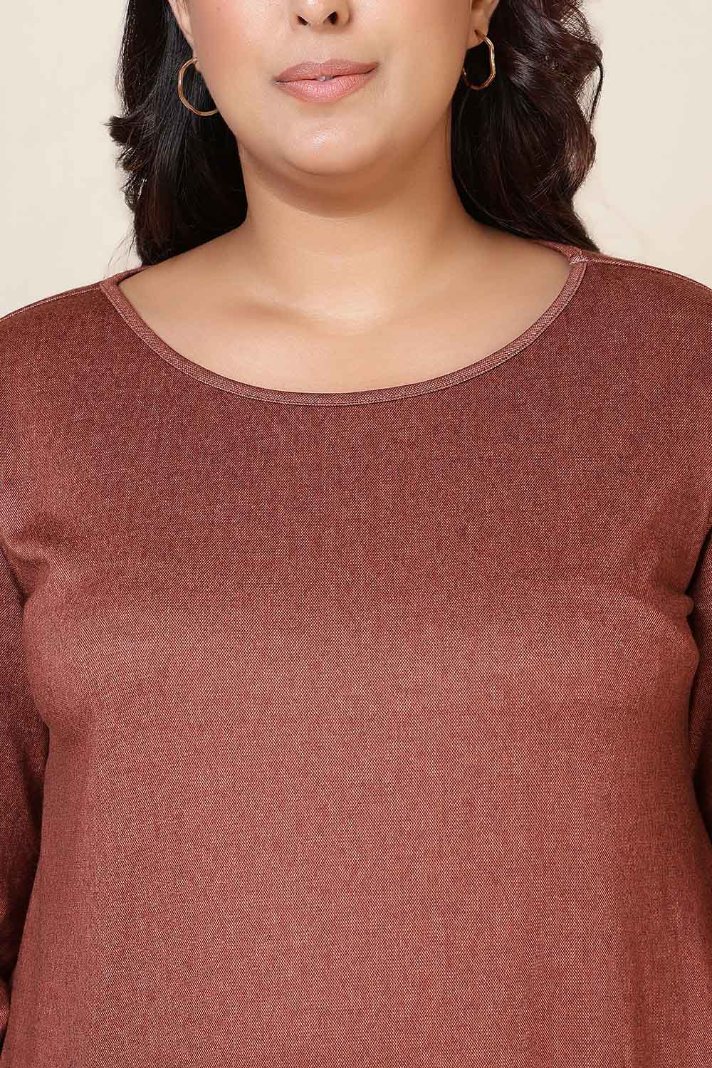 Plus Size Rust Round Neck SnugWeave™ Winter Kurta