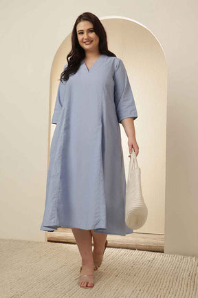 Plus Size Light Blue Cotton Midi  Dress