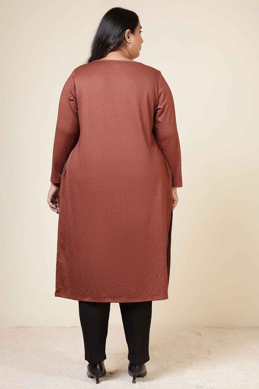 Plus Size Rust Round Neck SnugWeave™ Winter Kurta