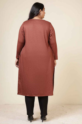 Plus Size Rust Round Neck SnugWeave™ Winter Kurta