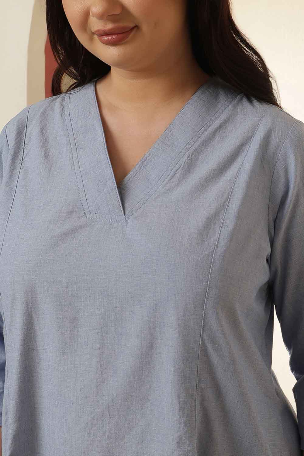 Comfortable Plus Size Light Blue Cotton Midi  Dress