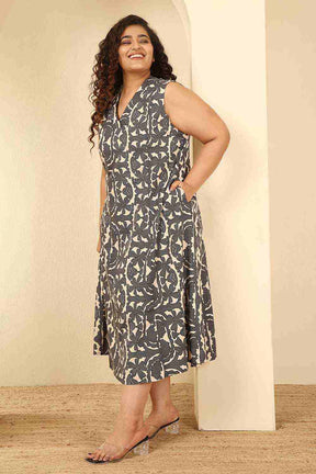 Plus Size Black & Beige Abstract Print Sleeveless Cotton Midi Dress