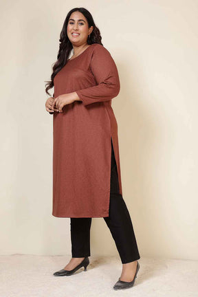 Plus Size Rust Round Neck SnugWeave™ Winter Kurta