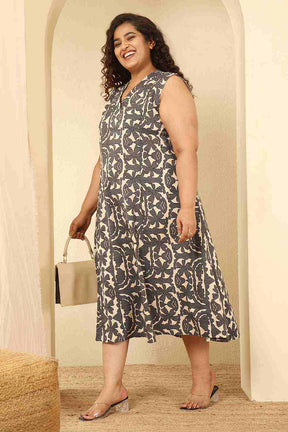 Plus Size Black & Beige Abstract Print Sleeveless Cotton Midi Dress